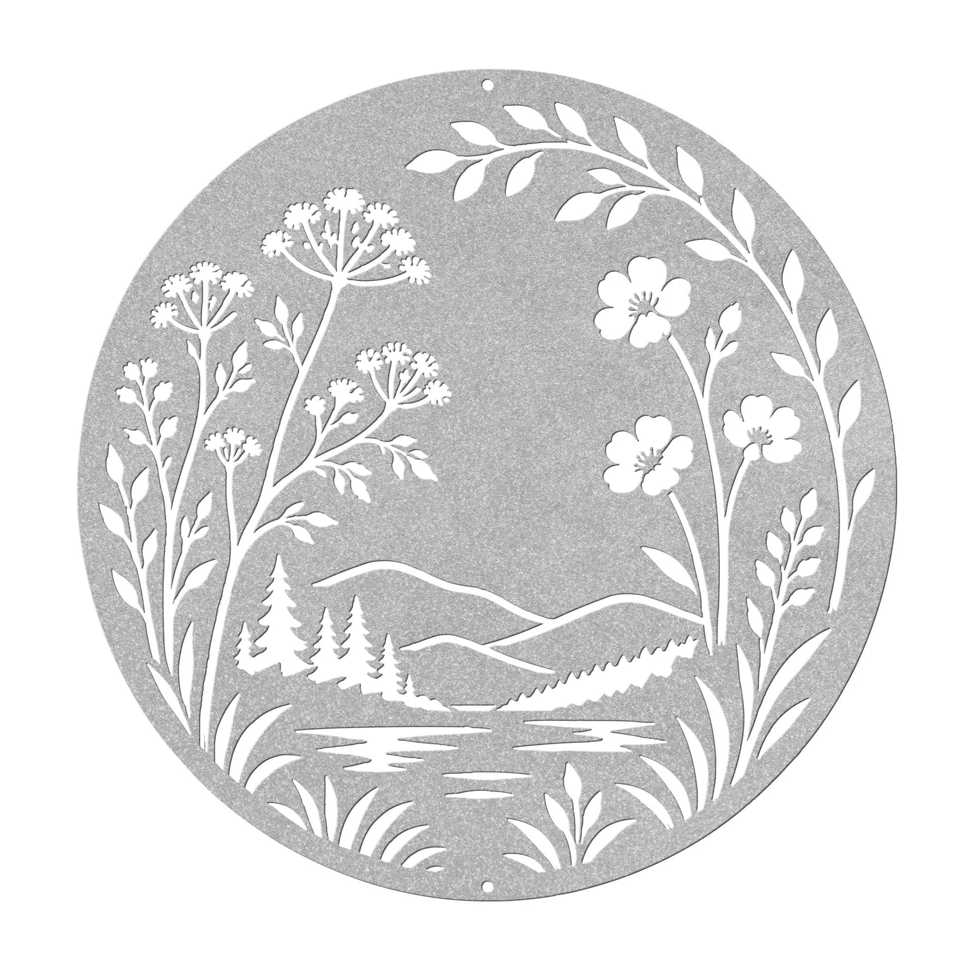 Botanical Metal Sign, Mountain Lake Wall Art, Wildflower Nature Decor, Rustic Round Hanging Plaque, Organic Cabin Entryway Gift