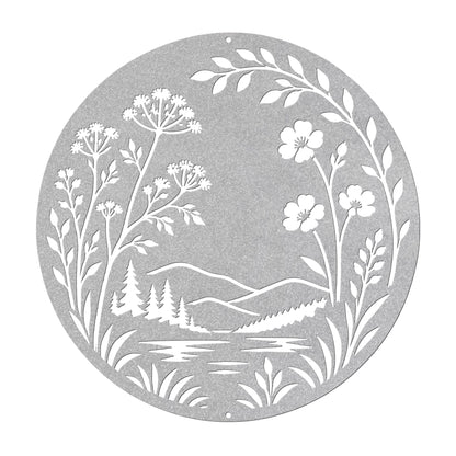 Botanical Metal Sign, Mountain Lake Wall Art, Wildflower Nature Decor, Rustic Round Hanging Plaque, Organic Cabin Entryway Gift