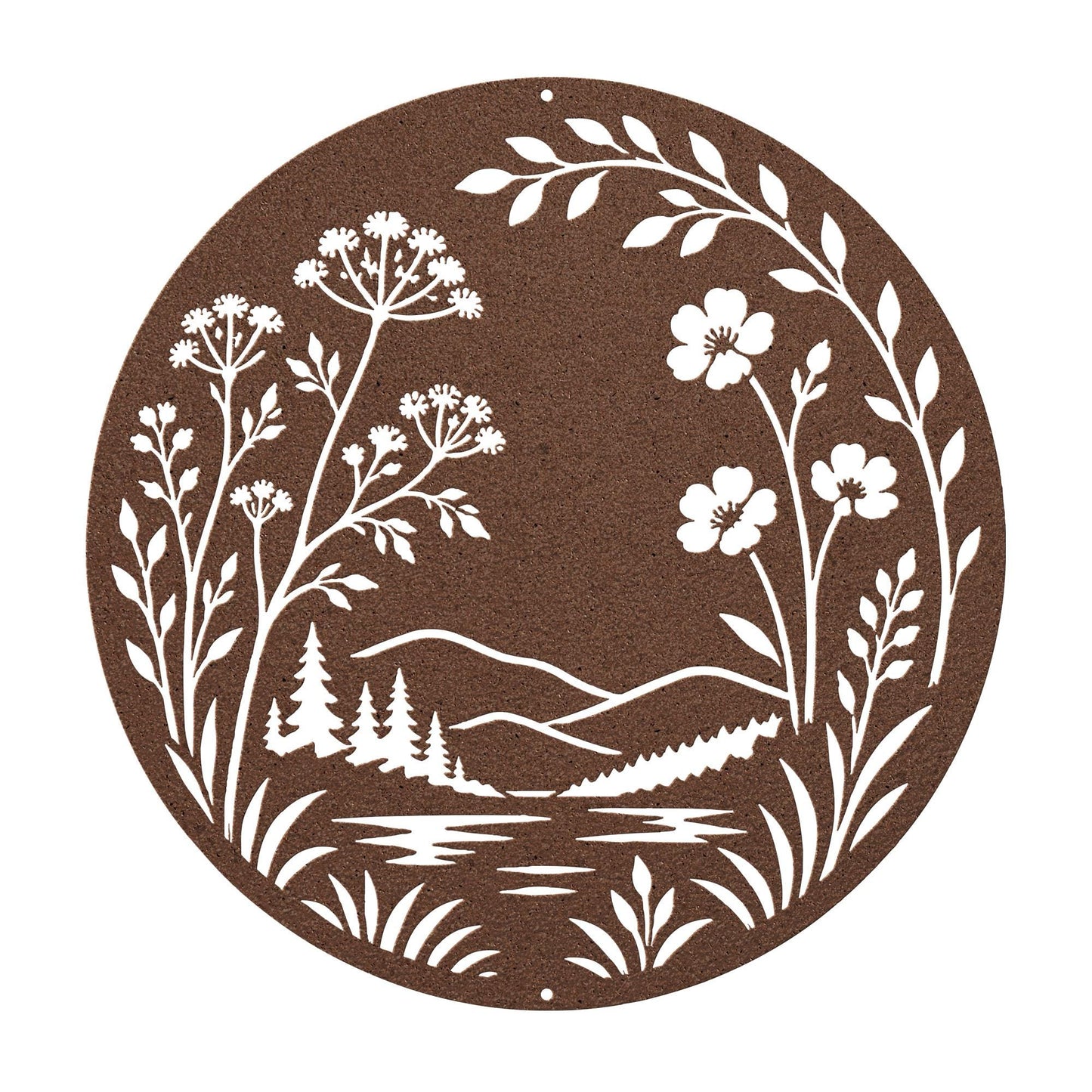 Botanical Metal Sign, Mountain Lake Wall Art, Wildflower Nature Decor, Rustic Round Hanging Plaque, Organic Cabin Entryway Gift