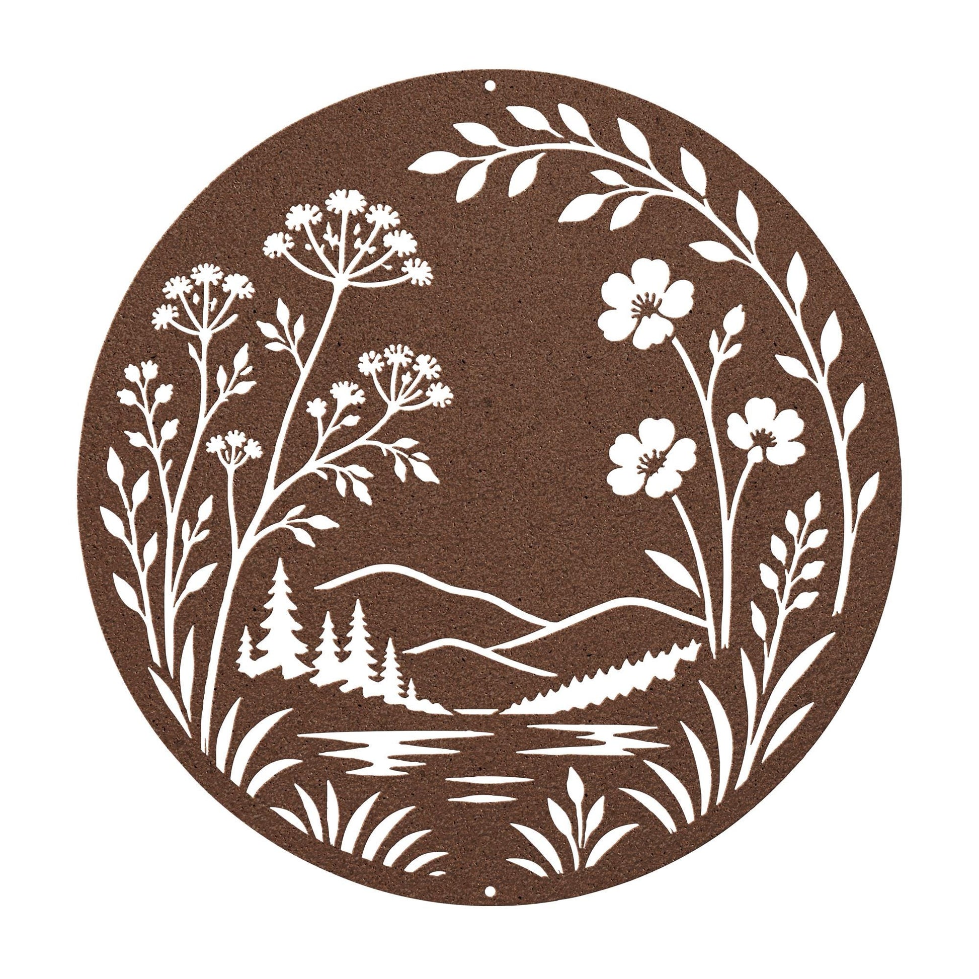 Botanical Metal Sign, Mountain Lake Wall Art, Wildflower Nature Decor, Rustic Round Hanging Plaque, Organic Cabin Entryway Gift