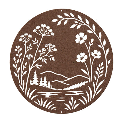 Botanical Metal Sign, Mountain Lake Wall Art, Wildflower Nature Decor, Rustic Round Hanging Plaque, Organic Cabin Entryway Gift