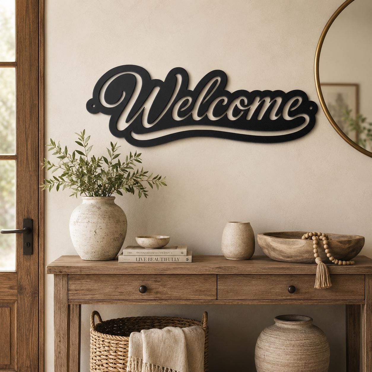 Script Welcome Metal Sign, Horizontal Front Door Wall Decor, Rustic Entryway Plaque, Farmhouse Porch Housewarming Gift, Cursive Art