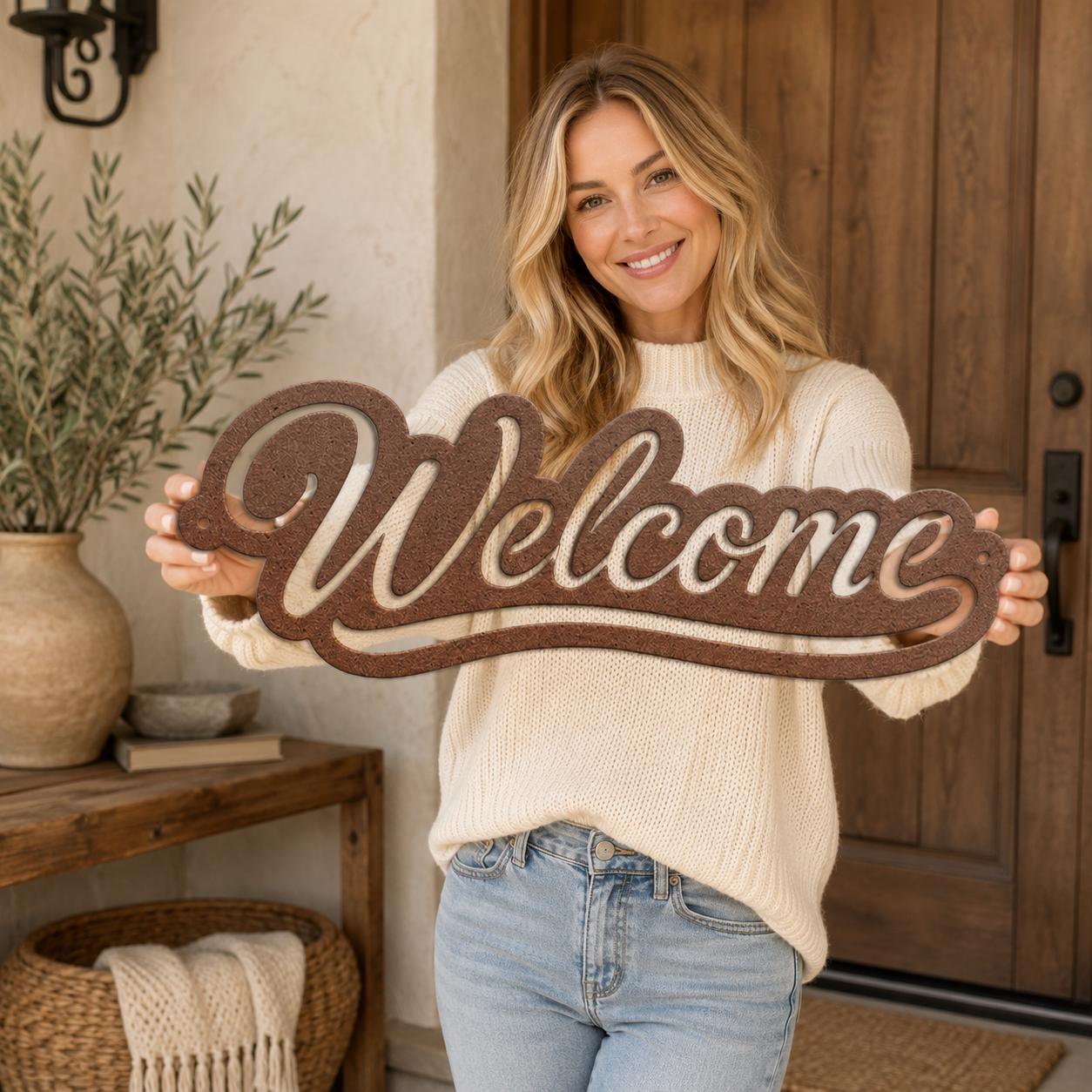 Script Welcome Metal Sign, Horizontal Front Door Wall Decor, Rustic Entryway Plaque, Farmhouse Porch Housewarming Gift, Cursive Art