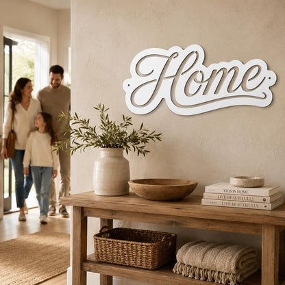 Script Home Metal Sign, Warm Front Door Wall Decor, Rustic Entryway Plaque, Farmhouse Porch Housewarming Gift, Cursive Accent Art