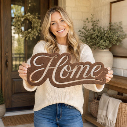 Script Home Metal Sign, Warm Front Door Wall Decor, Rustic Entryway Plaque, Farmhouse Porch Housewarming Gift, Cursive Accent Art