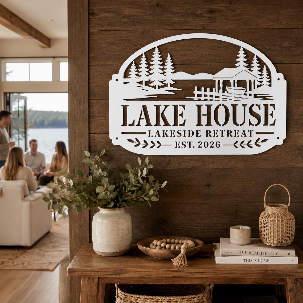 Lake House Metal Sign, Lakeside Retreat Wall Decor, Rustic Cabin Plaque, Waterfront Cottage Entryway Gift, Outdoor Porch Accent