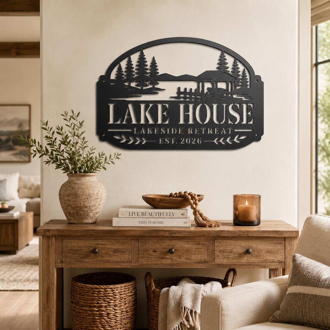 Lake House Metal Sign, Lakeside Retreat Wall Decor, Rustic Cabin Plaque, Waterfront Cottage Entryway Gift, Outdoor Porch Accent