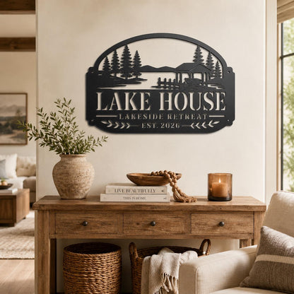 Lake House Metal Sign, Lakeside Retreat Wall Decor, Rustic Cabin Plaque, Waterfront Cottage Entryway Gift, Outdoor Porch Accent