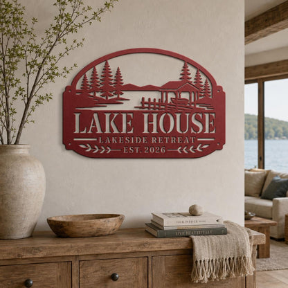Lake House Metal Sign, Lakeside Retreat Wall Decor, Rustic Cabin Plaque, Waterfront Cottage Entryway Gift, Outdoor Porch Accent