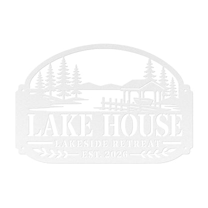 Lake House Metal Sign, Lakeside Retreat Wall Decor, Rustic Cabin Plaque, Waterfront Cottage Entryway Gift, Outdoor Porch Accent