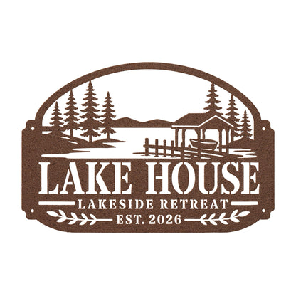 Lake House Metal Sign, Lakeside Retreat Wall Decor, Rustic Cabin Plaque, Waterfront Cottage Entryway Gift, Outdoor Porch Accent
