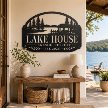 Lake House Metal Sign, Lakeside Retreat Wall Decor, Rustic Cabin Plaque, Waterfront Cottage Entryway Gift, Outdoor Porch Accent