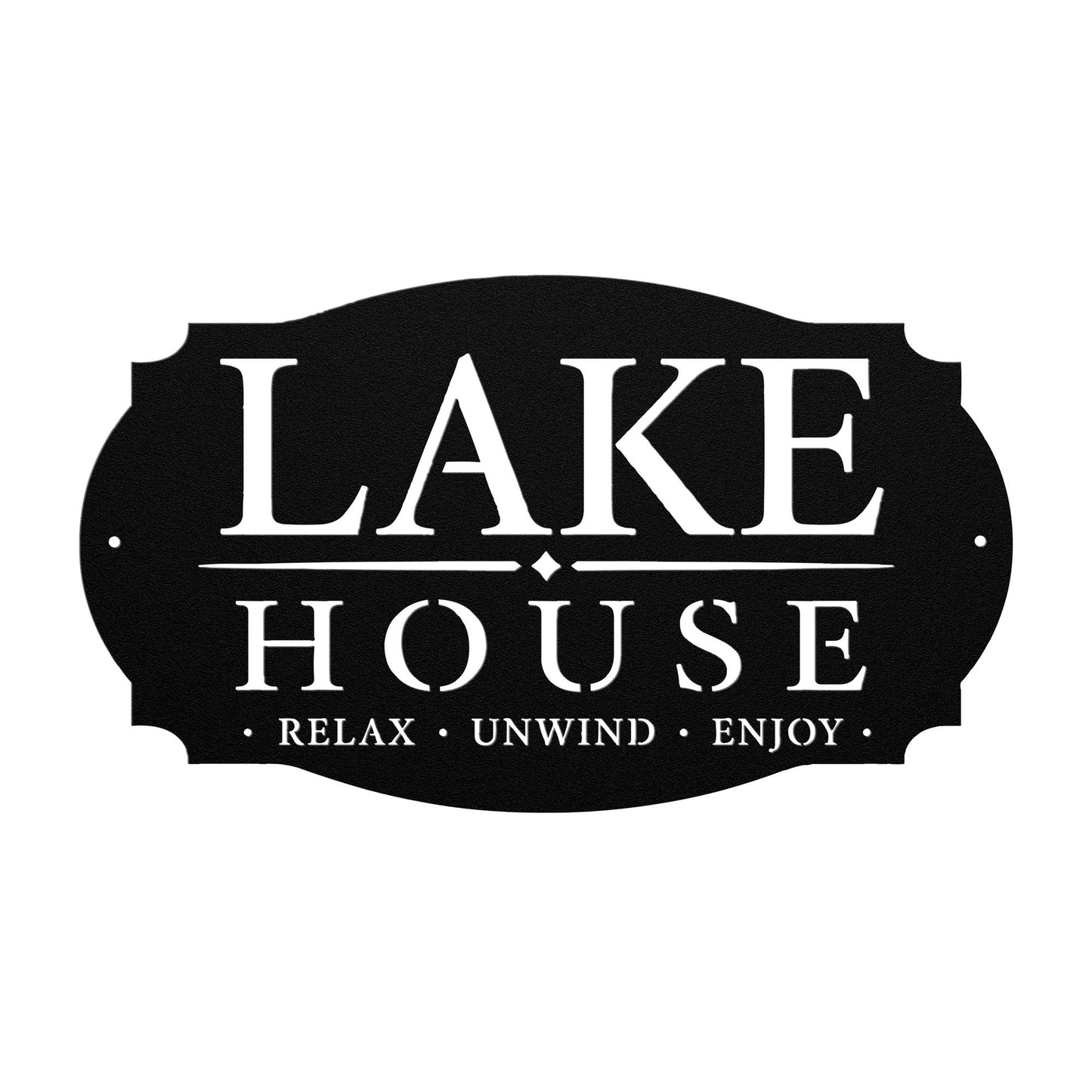 Lake House Metal Sign, Relax Unwind Enjoy Wall Decor, Waterfront Cabin Plaque, Rustic Cottage Gift, Outdoor Porch Entryway Lodge Accent