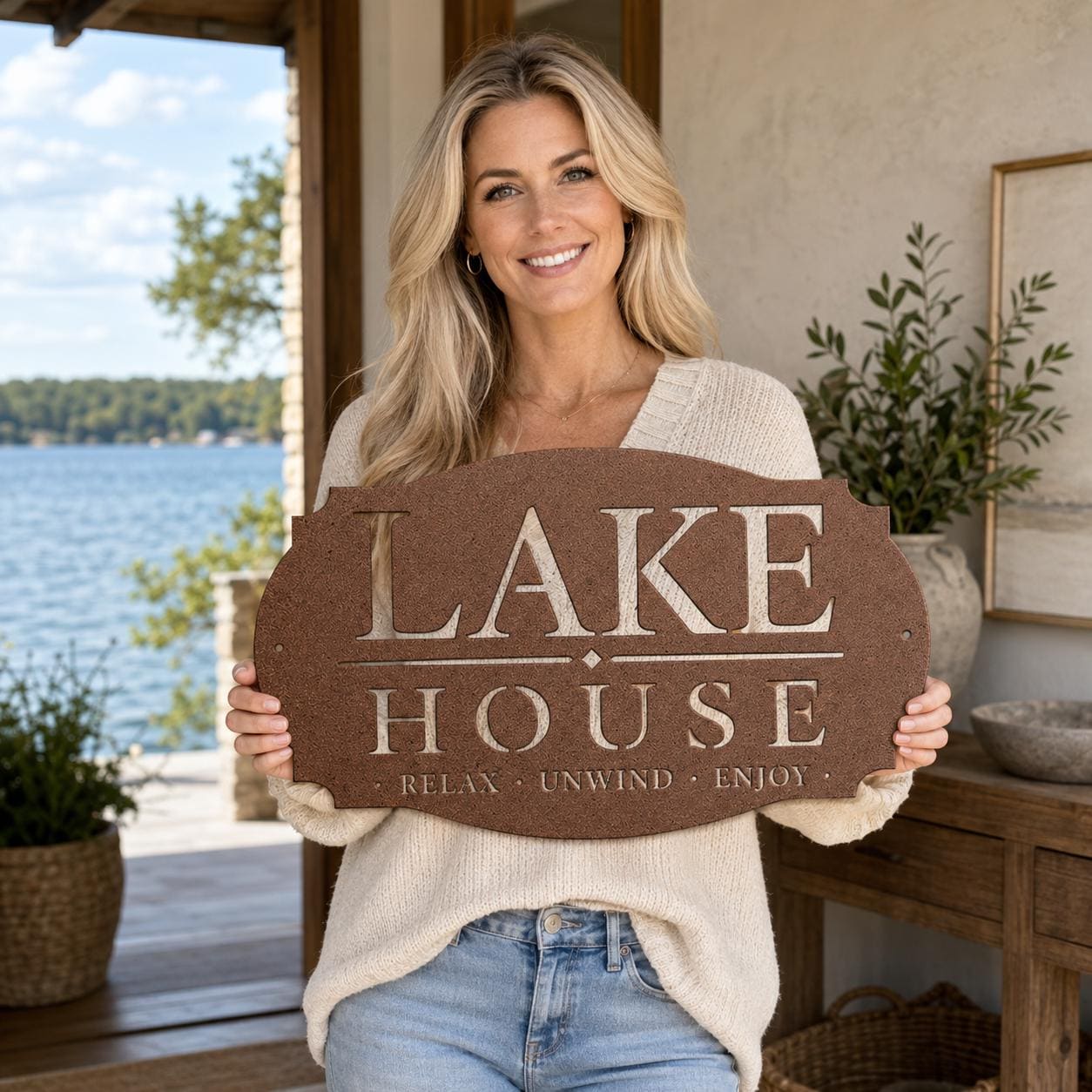 Lake House Metal Sign, Relax Unwind Enjoy Wall Decor, Waterfront Cabin Plaque, Rustic Cottage Gift, Outdoor Porch Entryway Lodge Accent