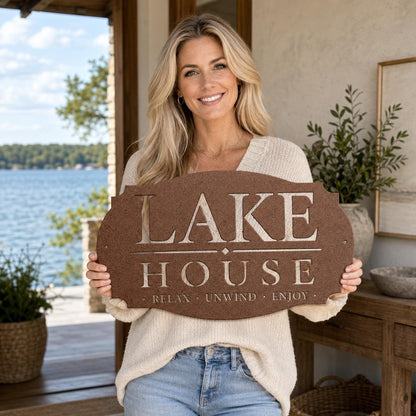 Lake House Metal Sign, Relax Unwind Enjoy Wall Decor, Waterfront Cabin Plaque, Rustic Cottage Gift, Outdoor Porch Entryway Lodge Accent