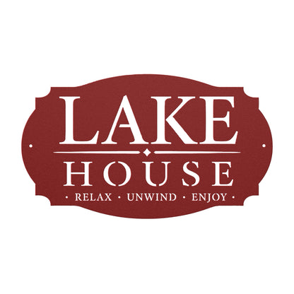 Lake House Metal Sign, Relax Unwind Enjoy Wall Decor, Waterfront Cabin Plaque, Rustic Cottage Gift, Outdoor Porch Entryway Lodge Accent