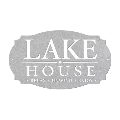 Lake House Metal Sign, Relax Unwind Enjoy Wall Decor, Waterfront Cabin Plaque, Rustic Cottage Gift, Outdoor Porch Entryway Lodge Accent