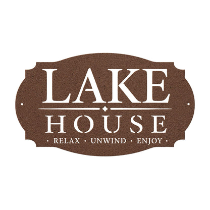 Lake House Metal Sign, Relax Unwind Enjoy Wall Decor, Waterfront Cabin Plaque, Rustic Cottage Gift, Outdoor Porch Entryway Lodge Accent