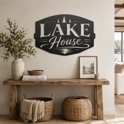 Lake House Metal Sign, Pine Tree Wall Decor, Waterfront Cabin Plaque, Rustic Cottage Gift, Outdoor Entryway Accent, Relaxed Retreat Art