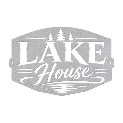 Lake House Metal Sign, Pine Tree Wall Decor, Waterfront Cabin Plaque, Rustic Cottage Gift, Outdoor Entryway Accent, Relaxed Retreat Art