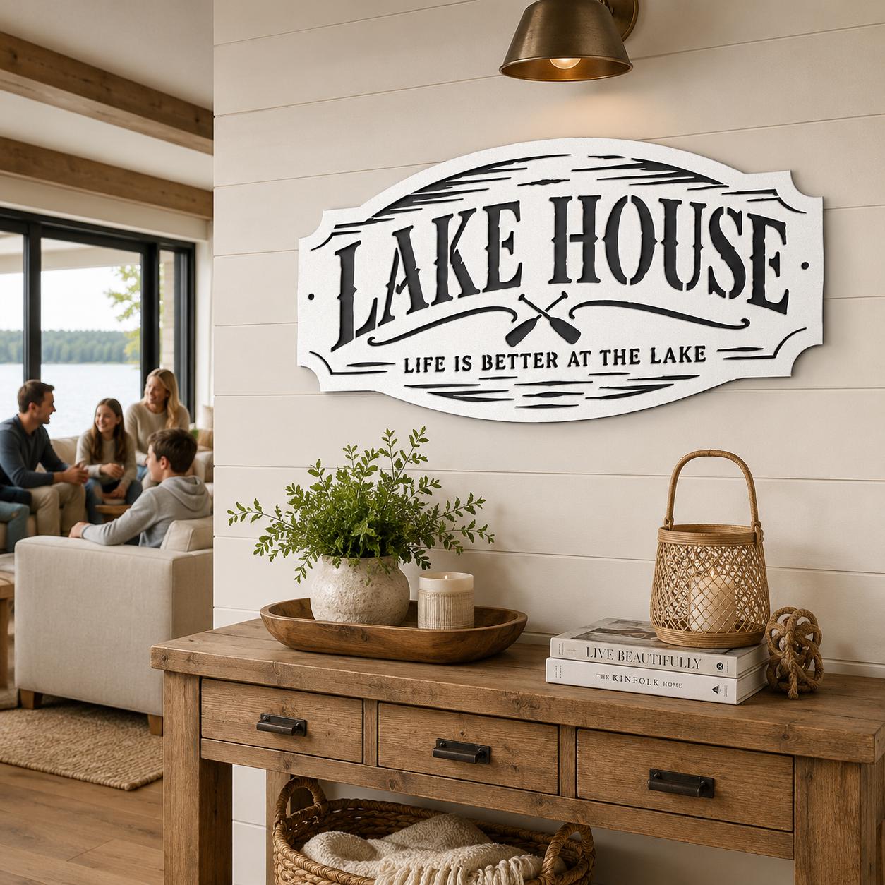 Lake House Metal Sign, Paddles Wall Decor, Waterfront Cabin Plaque, Rustic Cottage Entryway Accent, Vacation Retreat Housewarming Gift