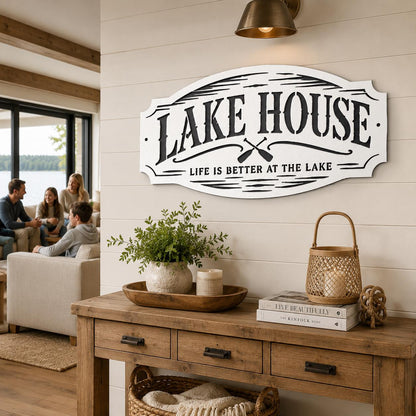 Lake House Metal Sign, Paddles Wall Decor, Waterfront Cabin Plaque, Rustic Cottage Entryway Accent, Vacation Retreat Housewarming Gift