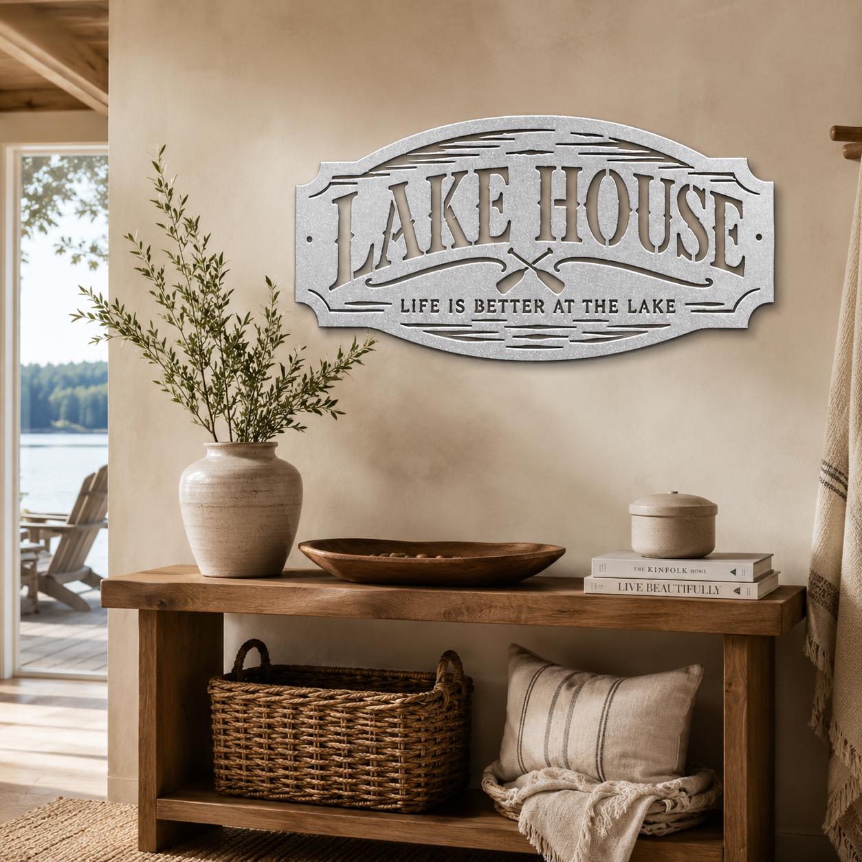 Lake House Metal Sign, Paddles Wall Decor, Waterfront Cabin Plaque, Rustic Cottage Entryway Accent, Vacation Retreat Housewarming Gift