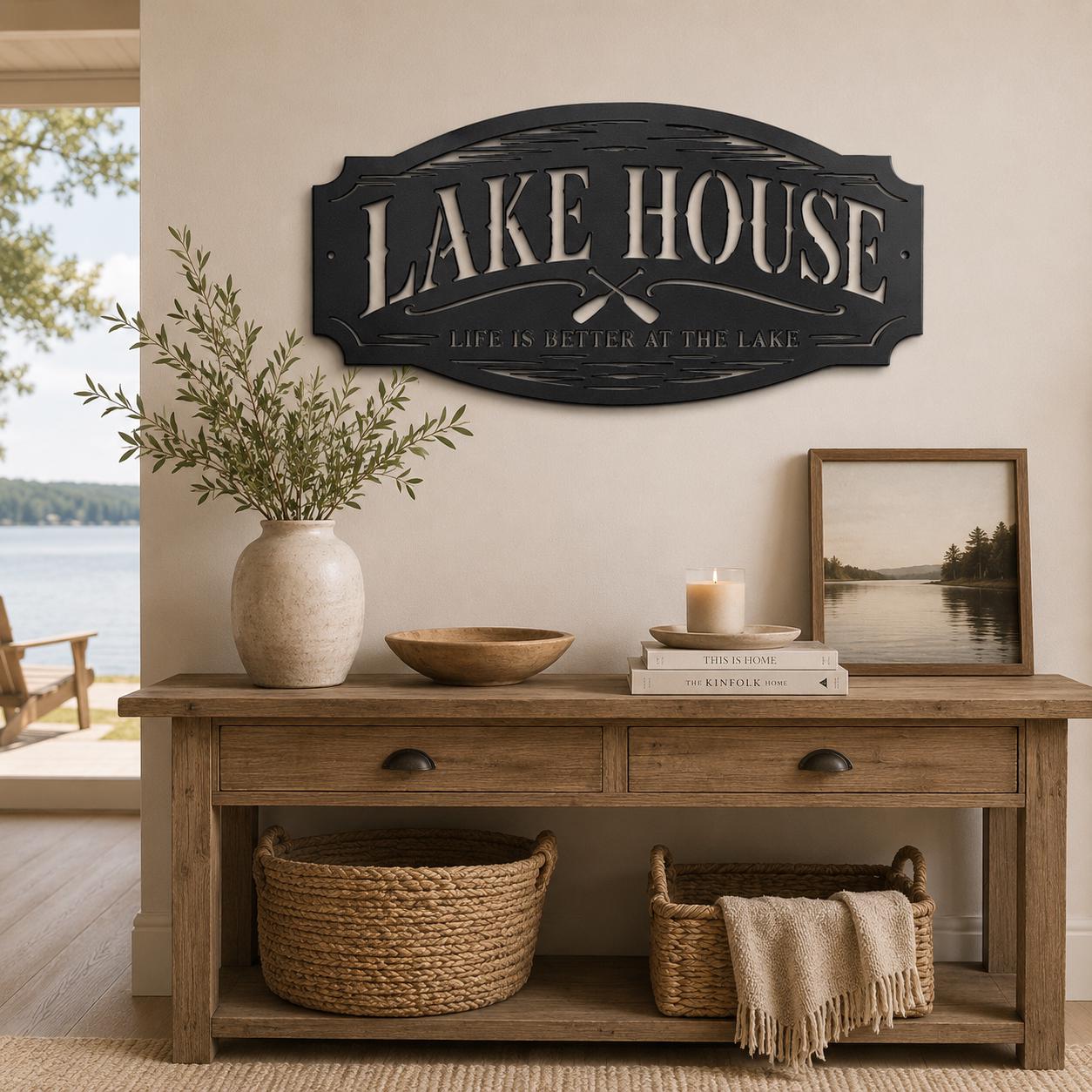 Lake House Metal Sign, Paddles Wall Decor, Waterfront Cabin Plaque, Rustic Cottage Entryway Accent, Vacation Retreat Housewarming Gift