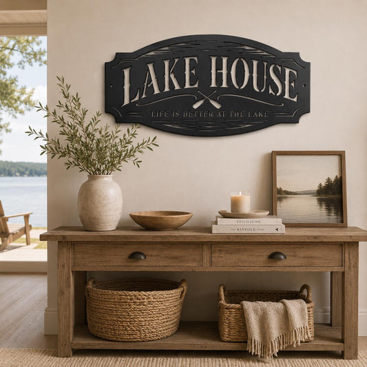 Lake House Metal Sign, Paddles Wall Decor, Waterfront Cabin Plaque, Rustic Cottage Entryway Accent, Vacation Retreat Housewarming Gift