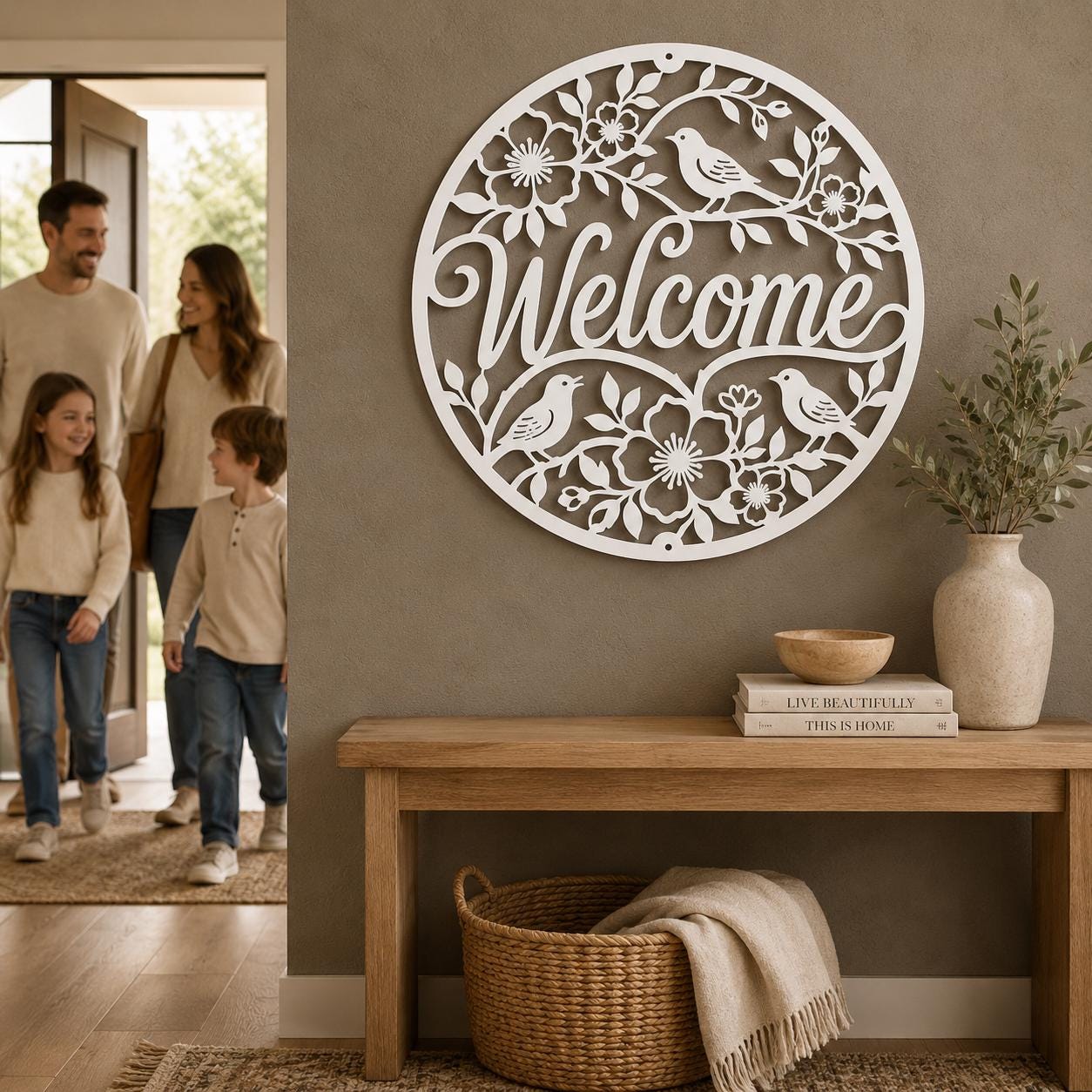 Floral Bird Welcome Metal Sign, Round Front Door Decor, Garden Style Entryway Wall Art, Spring Cottage Porch Accent, Housewarming Gift