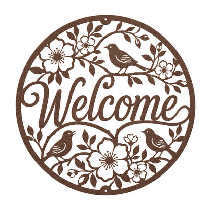 Floral Bird Welcome Metal Sign, Round Front Door Decor, Garden Style Entryway Wall Art, Spring Cottage Porch Accent, Housewarming Gift