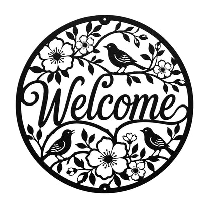 Floral Bird Welcome Metal Sign, Round Front Door Decor, Garden Style Entryway Wall Art, Spring Cottage Porch Accent, Housewarming Gift
