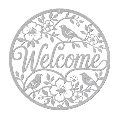 Floral Bird Welcome Metal Sign, Round Front Door Decor, Garden Style Entryway Wall Art, Spring Cottage Porch Accent, Housewarming Gift