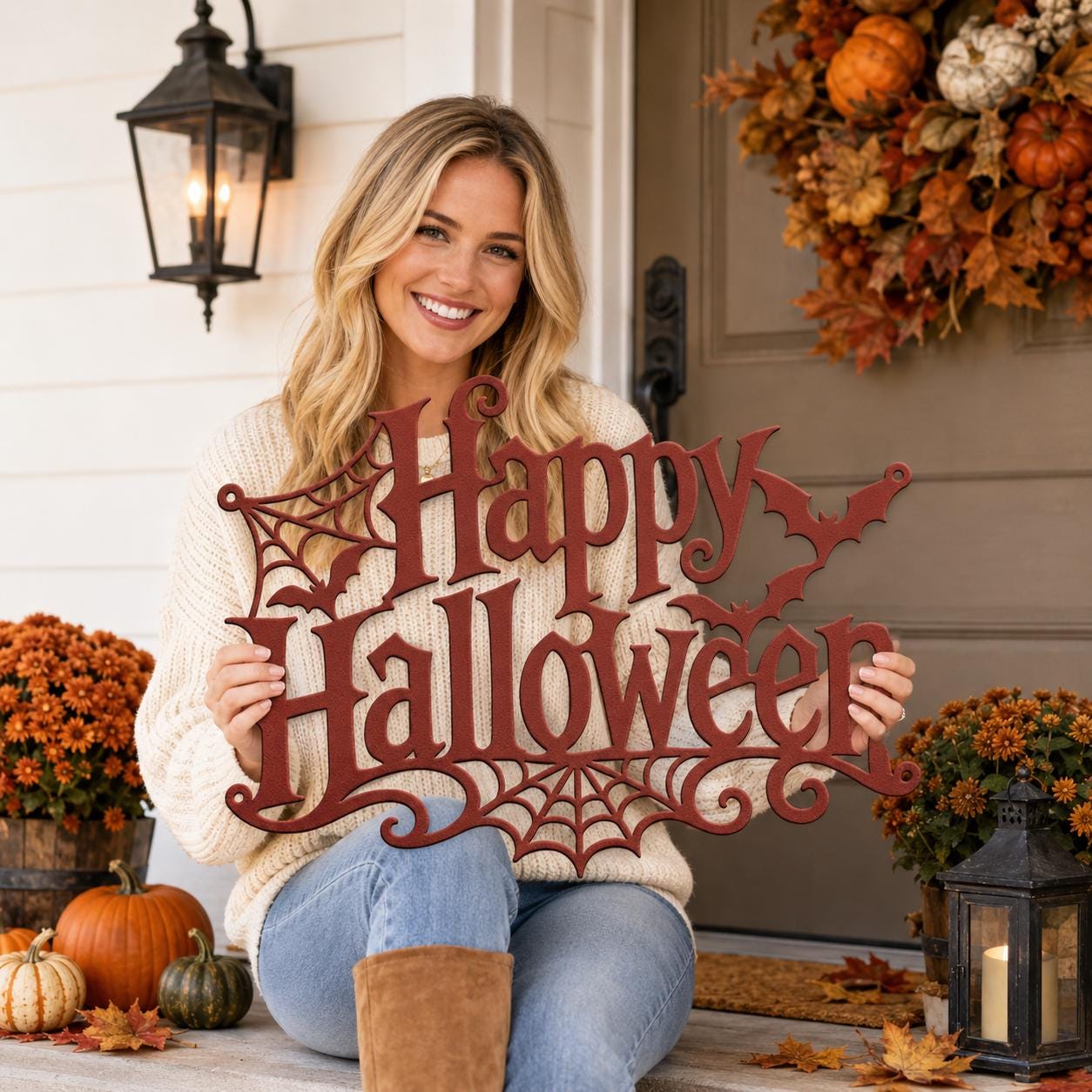 Happy Halloween Metal Sign, Gothic Bat Spiderweb Wall Art, White Fall Porch Entryway Accent, Spooky Seasonal Mantel Home Decoration