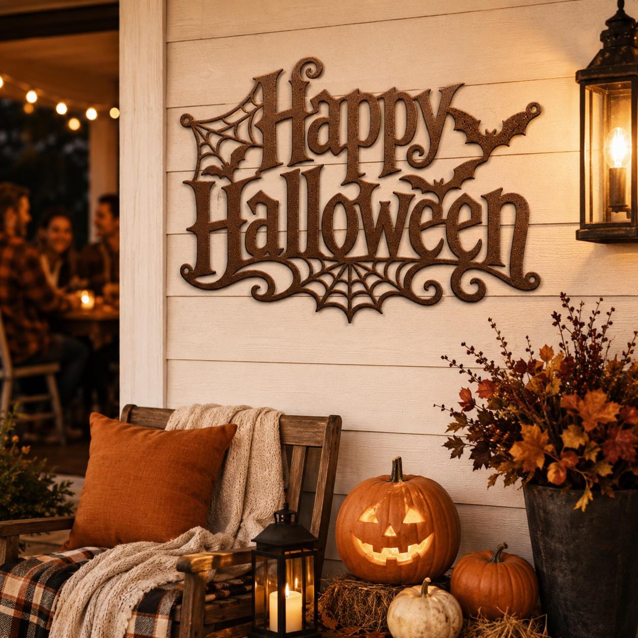 Happy Halloween Metal Sign, Gothic Bat Spiderweb Wall Art, White Fall Porch Entryway Accent, Spooky Seasonal Mantel Home Decoration