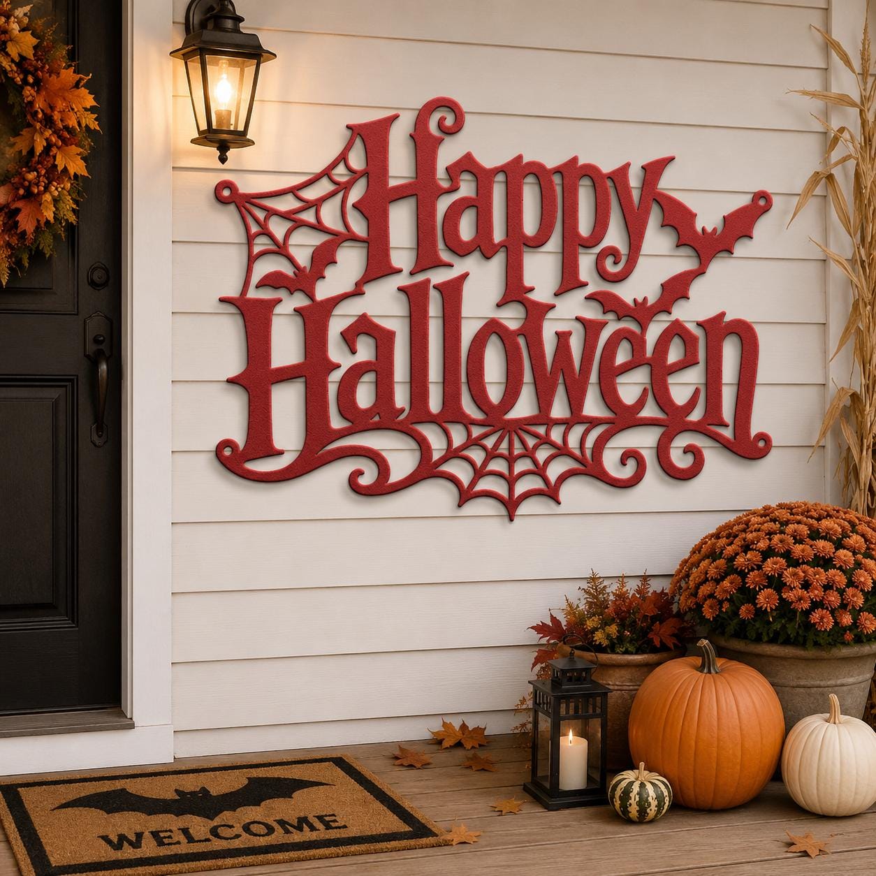 Happy Halloween Metal Sign, Gothic Bat Spiderweb Wall Art, White Fall Porch Entryway Accent, Spooky Seasonal Mantel Home Decoration