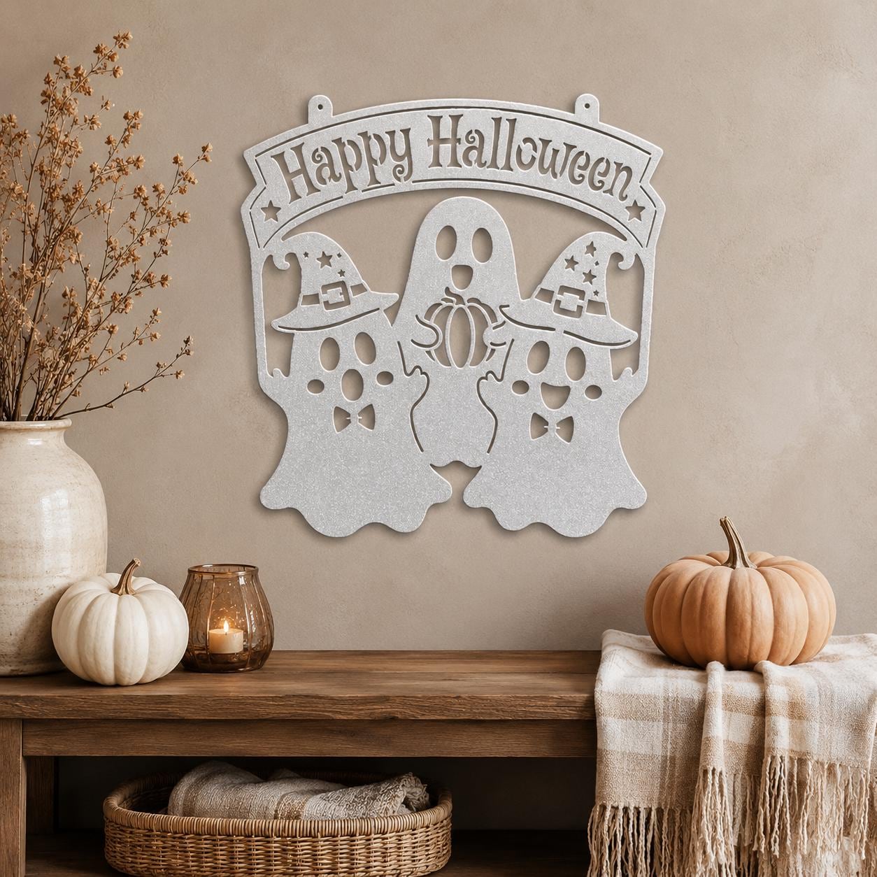 Happy Halloween Metal Sign, Ghost Witch Wall Decor, Spooky Steel Plaque, Fall Porch Decoration, Rustic Entryway Accent, Cute Holiday Display