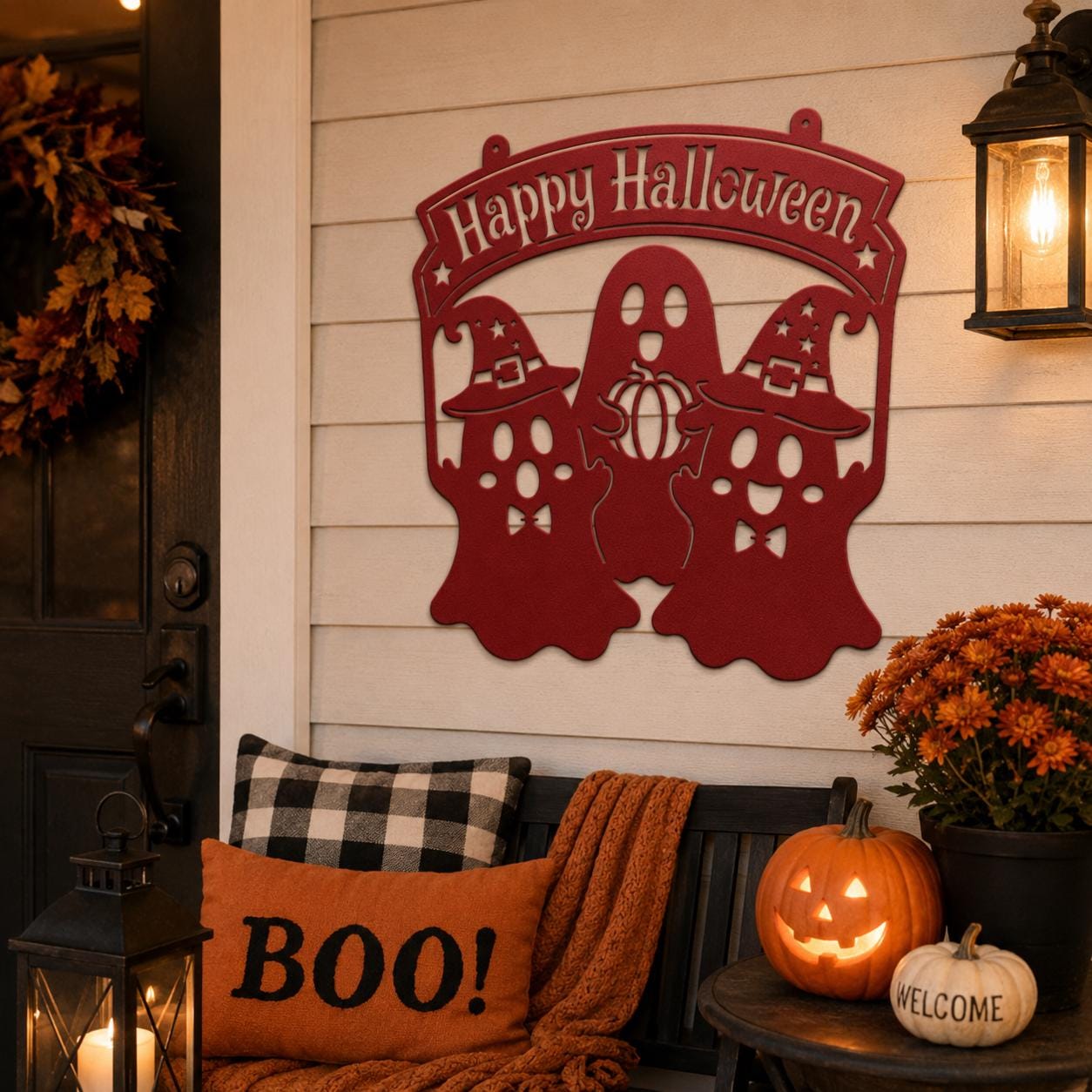 Happy Halloween Metal Sign, Ghost Witch Wall Decor, Spooky Steel Plaque, Fall Porch Decoration, Rustic Entryway Accent, Cute Holiday Display