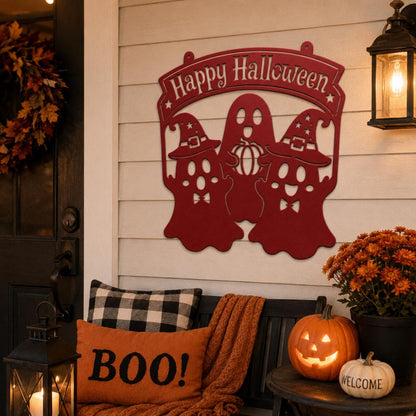 Happy Halloween Metal Sign, Ghost Witch Wall Decor, Spooky Steel Plaque, Fall Porch Decoration, Rustic Entryway Accent, Cute Holiday Display