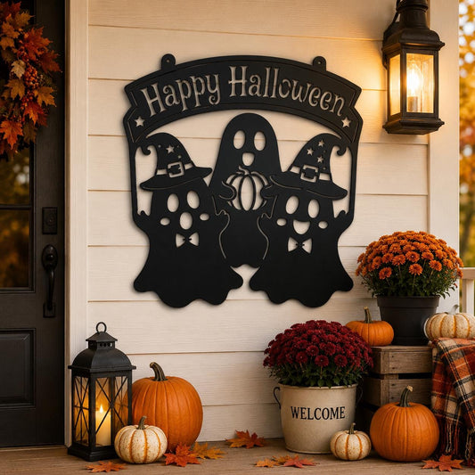 Happy Halloween Metal Sign, Ghost Witch Wall Decor, Spooky Steel Plaque, Fall Porch Decoration, Rustic Entryway Accent, Cute Holiday Display
