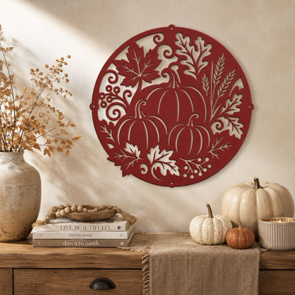 Fall Pumpkin Metal Sign, Harvest Leaf Wall Art, Round Autumn Door Decor, White Farmhouse Porch Accent, Seasonal Entryway Decoration