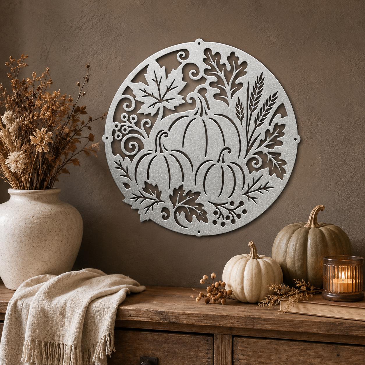 Fall Pumpkin Metal Sign, Harvest Leaf Wall Art, Round Autumn Door Decor, White Farmhouse Porch Accent, Seasonal Entryway Decoration