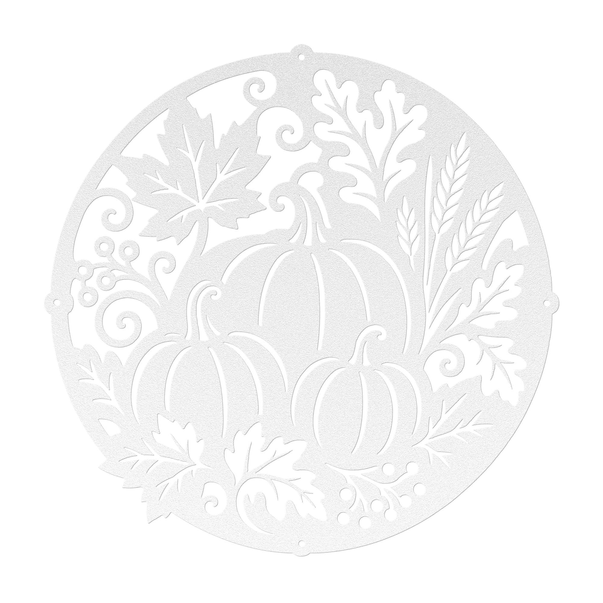Fall Pumpkin Metal Sign, Harvest Leaf Wall Art, Round Autumn Door Decor, White Farmhouse Porch Accent, Seasonal Entryway Decoration