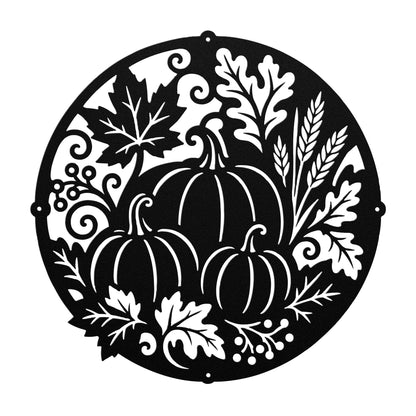 Fall Pumpkin Metal Sign, Harvest Leaf Wall Art, Round Autumn Door Decor, White Farmhouse Porch Accent, Seasonal Entryway Decoration