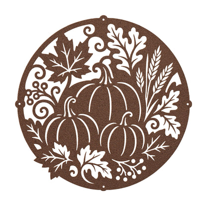 Fall Pumpkin Metal Sign, Harvest Leaf Wall Art, Round Autumn Door Decor, White Farmhouse Porch Accent, Seasonal Entryway Decoration