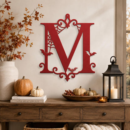 Personalized Halloween Metal Sign, Custom Initial Bat Spiderweb Wall Art, Gothic Porch Door Decor, Family Surname Home Accent