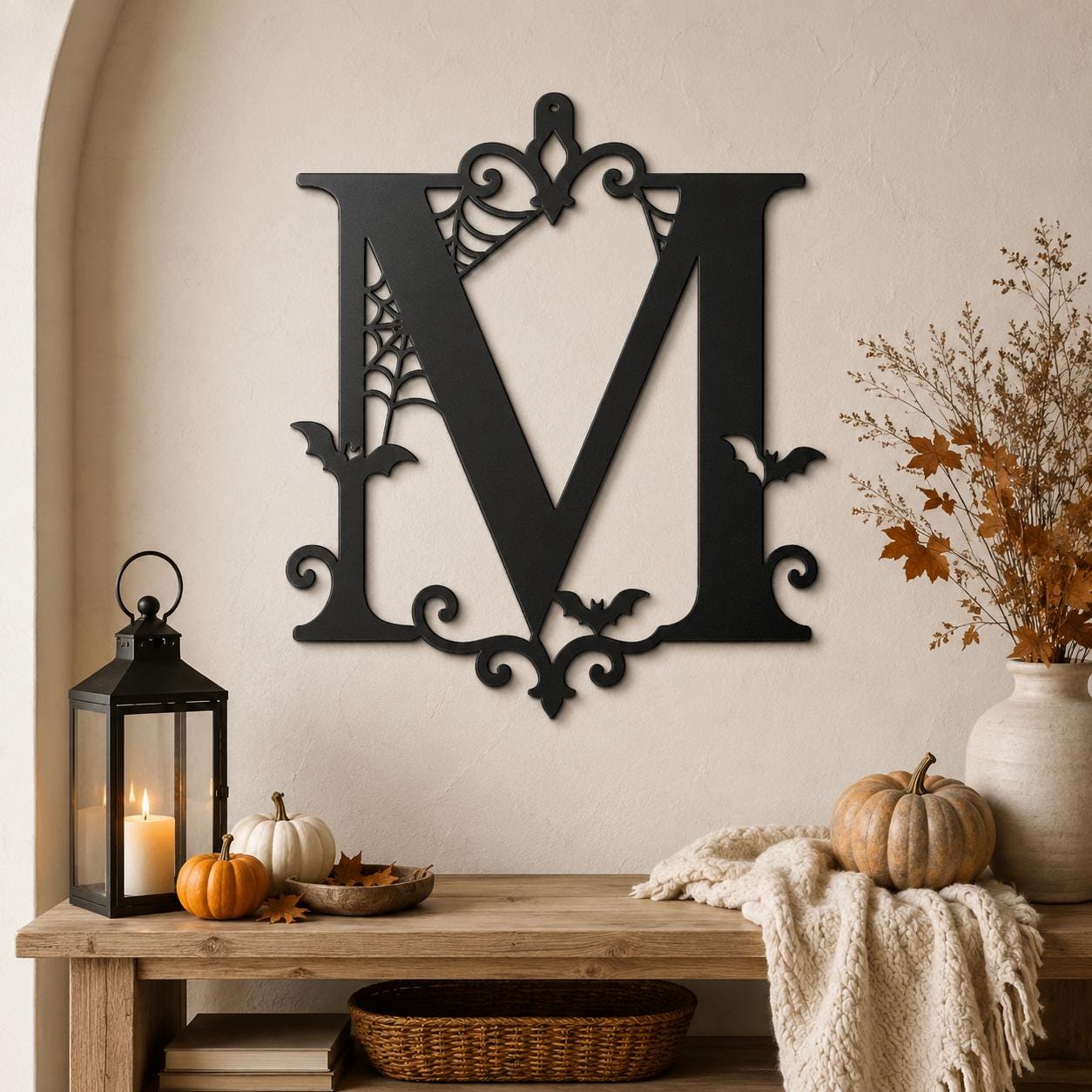 Personalized Halloween Metal Sign, Custom Initial Bat Spiderweb Wall Art, Gothic Porch Door Decor, Family Surname Home Accent