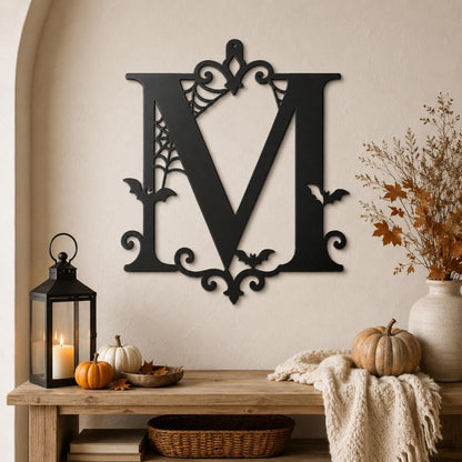 Personalized Halloween Metal Sign, Custom Initial Bat Spiderweb Wall Art, Gothic Porch Door Decor, Family Surname Home Accent