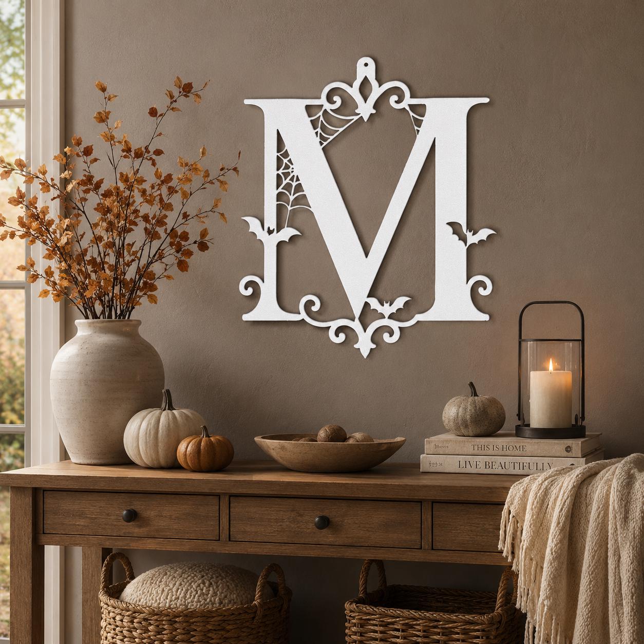 Personalized Halloween Metal Sign, Custom Initial Bat Spiderweb Wall Art, Gothic Porch Door Decor, Family Surname Home Accent