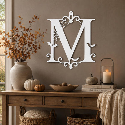 Personalized Halloween Metal Sign, Custom Initial Bat Spiderweb Wall Art, Gothic Porch Door Decor, Family Surname Home Accent